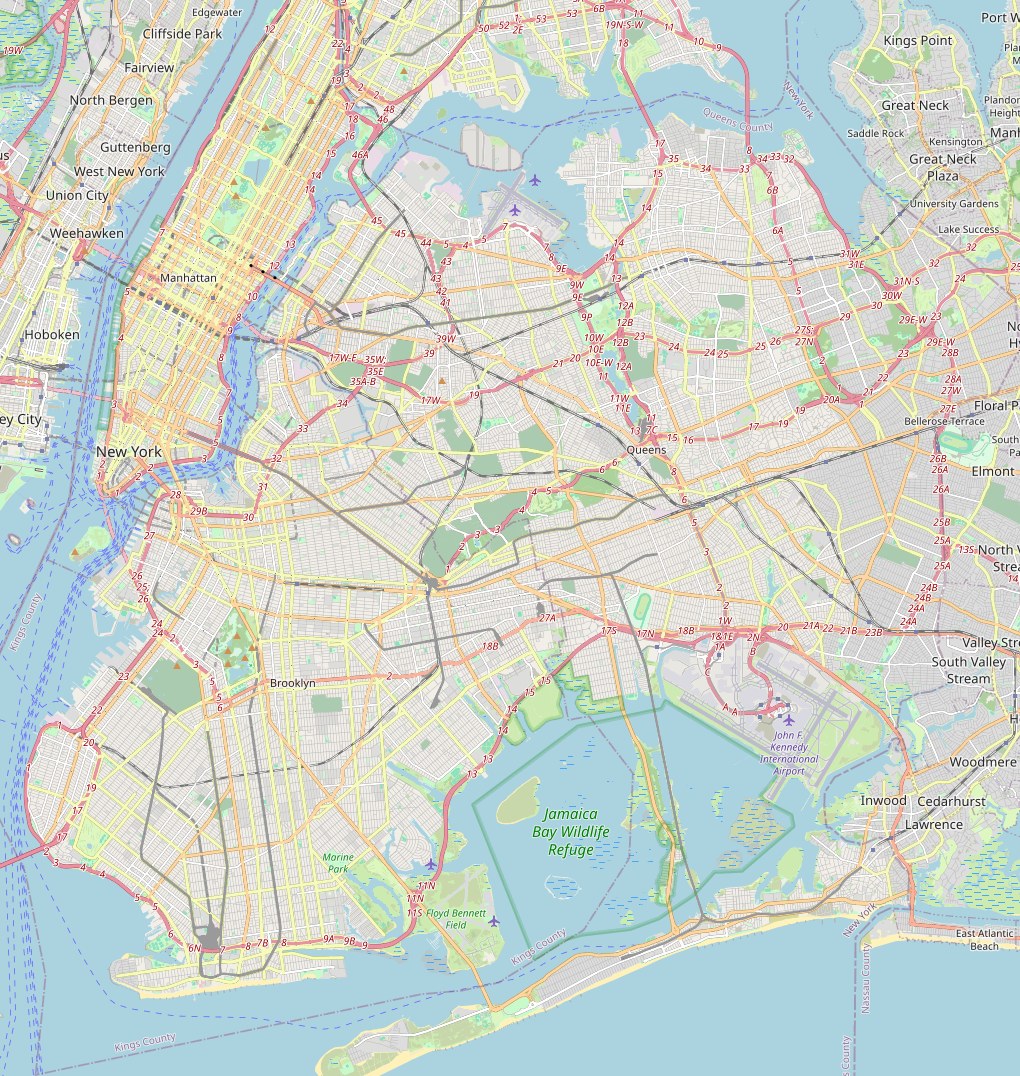 Map of New York City and the surrounding boroughs showing facility locations near ZIP code 10044